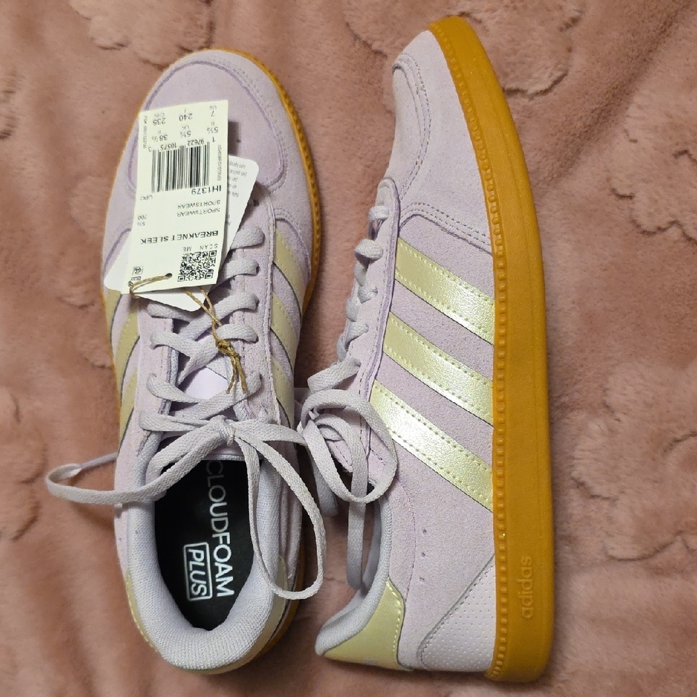 adidas Women's Lavender Suede Sneakers with Metallic Gold Stripes and Gum Sole